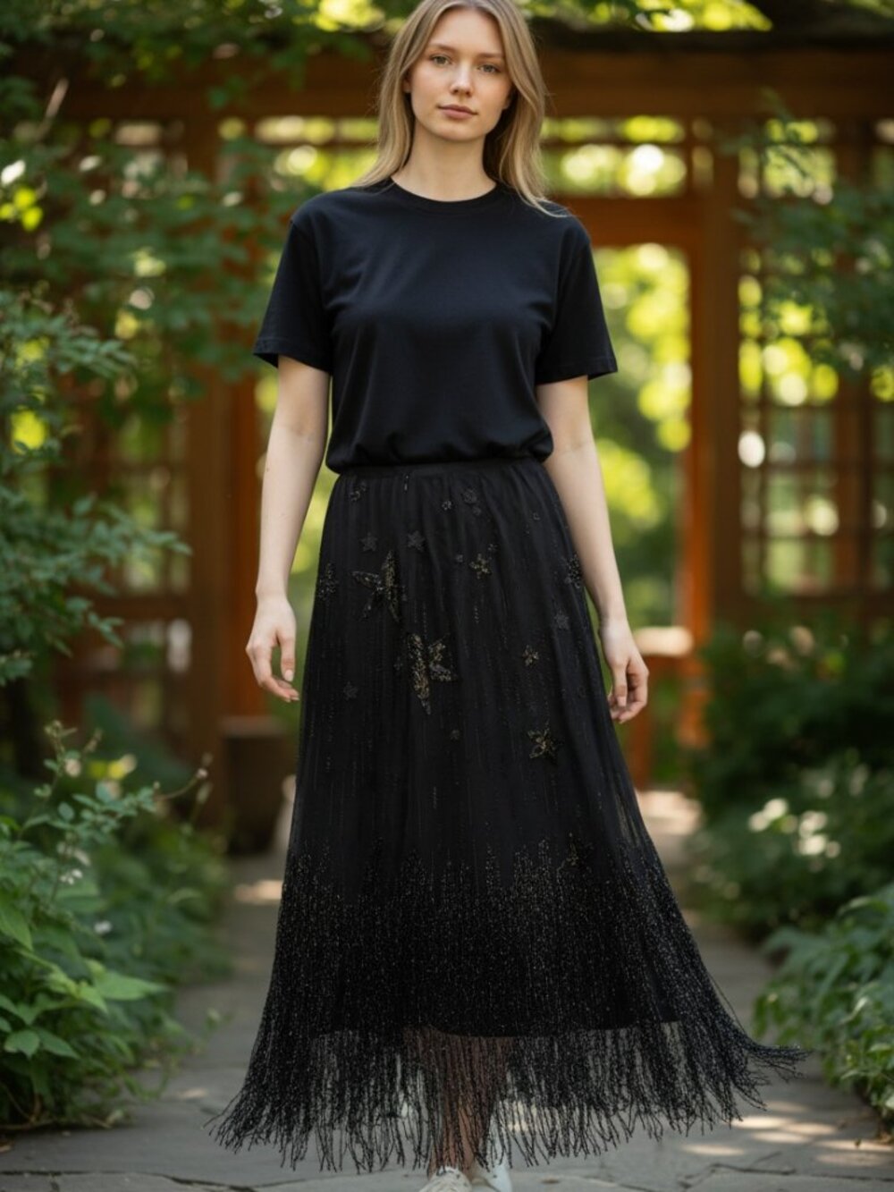 Polo Ralph Lauren Black Star Beaded Fringe Maxi Skirt Size 10 NWT MSRP $998